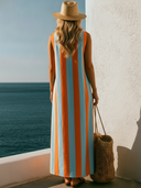 Women's Mediterranean Minimal Style Rayon Blend Vertical Stripe Boat Neck Sleeveless Maxi Dress ZMZ1168F6YZH