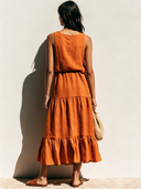 Women's Retro Casual Cotton Linen Round Neck Sleeveless Ruffle Midi Dress ZMZ1257F8ZJY