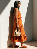 Women's Retro Casual Cotton Linen Round Neck Sleeveless Ruffle Midi Dress ZMZ1257F8ZJY