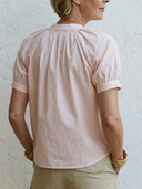 Women's Elegant Casual Style Cotton Linen Split Neck Puff Sleeve Blouse ZMZ1230F1YZH