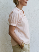 Women's Elegant Casual Style Cotton Linen Split Neck Puff Sleeve Blouse ZMZ1230F1YZH