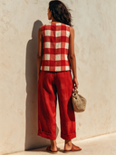 Women's Retro Casual Cotton Linen Plaid Sleeveless Top And Pants Set ZMZ1232F6ZJY