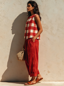 Women's Retro Casual Cotton Linen Plaid Sleeveless Top And Pants Set ZMZ1232F6ZJY