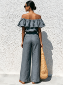 Women's Retro Casual Cotton Linen Ruffle Off-Shoulder Top And Pants Set ZMZ1216F6ZJY