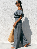Women's Retro Casual Cotton Linen Ruffle Off-Shoulder Top And Pants Set ZMZ1216F6ZJY