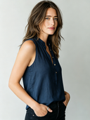 Women's Retro Casual Cotton Linen Sleeveless Henley Collar Shirt ZMZ1259F3ZJY