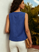 Women's Solid Color Cotton Linen Round Neck Sleeveless Shirt ZMZ1240F6XT