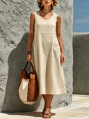 Women's Cotton Linen Round Neck A-line Sleeveless Midi Dress ZMZ1295F6XT