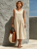 Women's Cotton Linen Round Neck A-line Sleeveless Midi Dress ZMZ1295F6XT