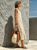 Women's Cotton Linen Round Neck A-line Sleeveless Midi Dress ZMZ1295F6XT