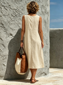 Women's Cotton Linen Round Neck A-line Sleeveless Midi Dress ZMZ1295F6XT