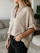 Women's Retro Casual Cotton Linen Striped Henley Collar Elbow-Length Sleeve Shirt ZMZ1254F2ZJY