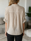 Women's Retro Casual Cotton Linen Striped Henley Collar Elbow-Length Sleeve Shirt ZMZ1254F2ZJY