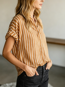 Women's Retro Casual Cotton Linen Striped Short-Sleeve Shirt ZMZ1212F6ZJY