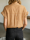 Women's Retro Casual Cotton Linen Striped Short-Sleeve Shirt ZMZ1212F6ZJY