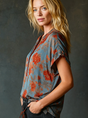 Women's Retro Casual Satin Floral Print Henley Collar Short-Sleeve Shirt ZMZ1299F0ZJY