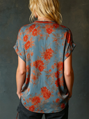 Women's Retro Casual Satin Floral Print Henley Collar Short-Sleeve Shirt ZMZ1299F0ZJY