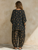 Women's Vintage Print V-Neck Top And Trousers Two-Piece Set ZMZ1252F2XT