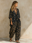 Women's Vintage Print V-Neck Top And Trousers Two-Piece Set ZMZ1252F2XT