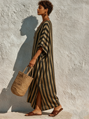 Women's Casual Loose Striped V-Neck Mid-Sleeve Maxi Dress ZMZ1294F0XT