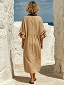 Women's Cotton-Linen V-Neck Paneled Loose Maxi Dress ZMZ1206F6XT