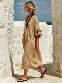 Women's Cotton-Linen V-Neck Paneled Loose Maxi Dress ZMZ1206F6XT