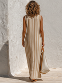 Women's Striped Print Sleeveless Maxi Dress With Collar ZMZ1229F4XT