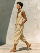 Women's Casual Color-blocked Stand-up Collar Sleeveless Jumpsuit ZMZ1231F0XT
