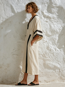 Women's Color-Block V-Neck Cotton-Linen Midi Dress ZMZ1271F4XT