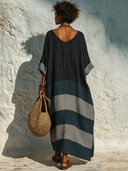 Women's Casual Cotton-Linen Color-Block Crew-Neck Maxi Dress ZMZ1237F3XT