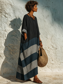 Women's Casual Cotton-Linen Color-Block Crew-Neck Maxi Dress ZMZ1237F3XT