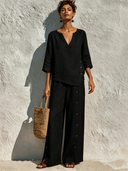 Women's Relaxed-Fit Cotton-Linen Crew-Neck Top And Trousers Two-Piece Set ZMZ1244F9XT
