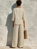 Women's Relaxed-Fit Cotton-Linen Crew-Neck Top And Trousers Two-Piece Set ZMZ1244F9XT
