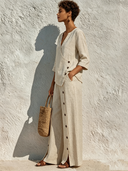 Women's Relaxed-Fit Cotton-Linen Crew-Neck Top And Trousers Two-Piece Set ZMZ1244F9XT