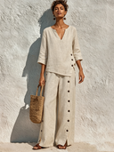 Women's Relaxed-Fit Cotton-Linen Crew-Neck Top And Trousers Two-Piece Set ZMZ1244F9XT