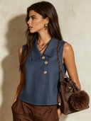 Women's Cotton Linen Collared Sleeveless Solid Color Shirt ZMZ1233F4XT