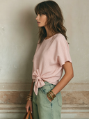 Women's Solid Color Cotton Linen Crew Neck Short Sleeve Tie Hem T-Shirt ZMZ1263F7XT
