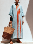 Women's Vacation Style Premium Linen Stripe V-Neck Kaftan Maxi Dress ZMZ1595F2YZH
