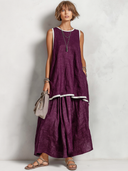 Women's Retro Casual Cotton Linen Color Block Sleeveless Top And Skirt Set ZMZ1536F5ZJY
