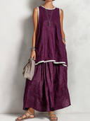 Women's Retro Casual Cotton Linen Color Block Sleeveless Top And Skirt Set ZMZ1536F5ZJY