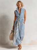 Women's Retro Casual Striped Shirt Sleeveless Maxi Dress ZMZ1542F4ZJY