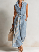 Women's Retro Casual Striped Shirt Sleeveless Maxi Dress ZMZ1542F4ZJY