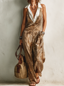 Women's Retro Casual Cotton Linen Sleeveless Shirt With Satin Print And Leopard Print Jumpsuit Set ZMZ1585F0ZJY