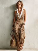 Women's Retro Casual Cotton Linen Sleeveless Shirt With Satin Print And Leopard Print Jumpsuit Set ZMZ1585F0ZJY