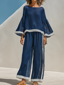 Women's Retro Casual Cotton Linen Striped Long-Sleeved Ruffle Top And Pants Set ZMZ1558F5ZJY