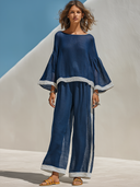 Women's Retro Casual Cotton Linen Striped Long-Sleeved Ruffle Top And Pants Set ZMZ1558F5ZJY