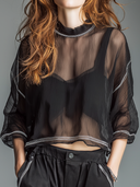Women's Retro Casual Mesh Three-Quarter Sleeve Round Neck Top ZMZ1539F2ZJY