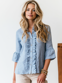 Women's Vintage-Style Casual Cotton-Linen Ruffled Elbow-Sleeve Shirt ZMZ1588F4ZJY