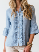 Women's Vintage-Style Casual Cotton-Linen Ruffled Elbow-Sleeve Shirt ZMZ1588F4ZJY