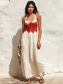Women's Retro Casual Cotton Linen Lace Patchwork Sleeveless Camisole Maxi Dress ZMZ1557F3ZJY